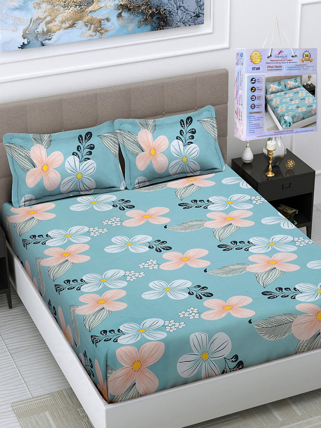 

FABINALIV Blue & Peach-Coloured Floral 300 TC Fitted King Bedsheet Set 2.50m X 2.25m