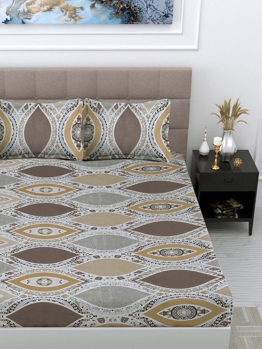 

FABINALIV Brown & Grey Ethnic Motifs 300 TC Fitted King Bedsheet Set 2.50m X 2.25m