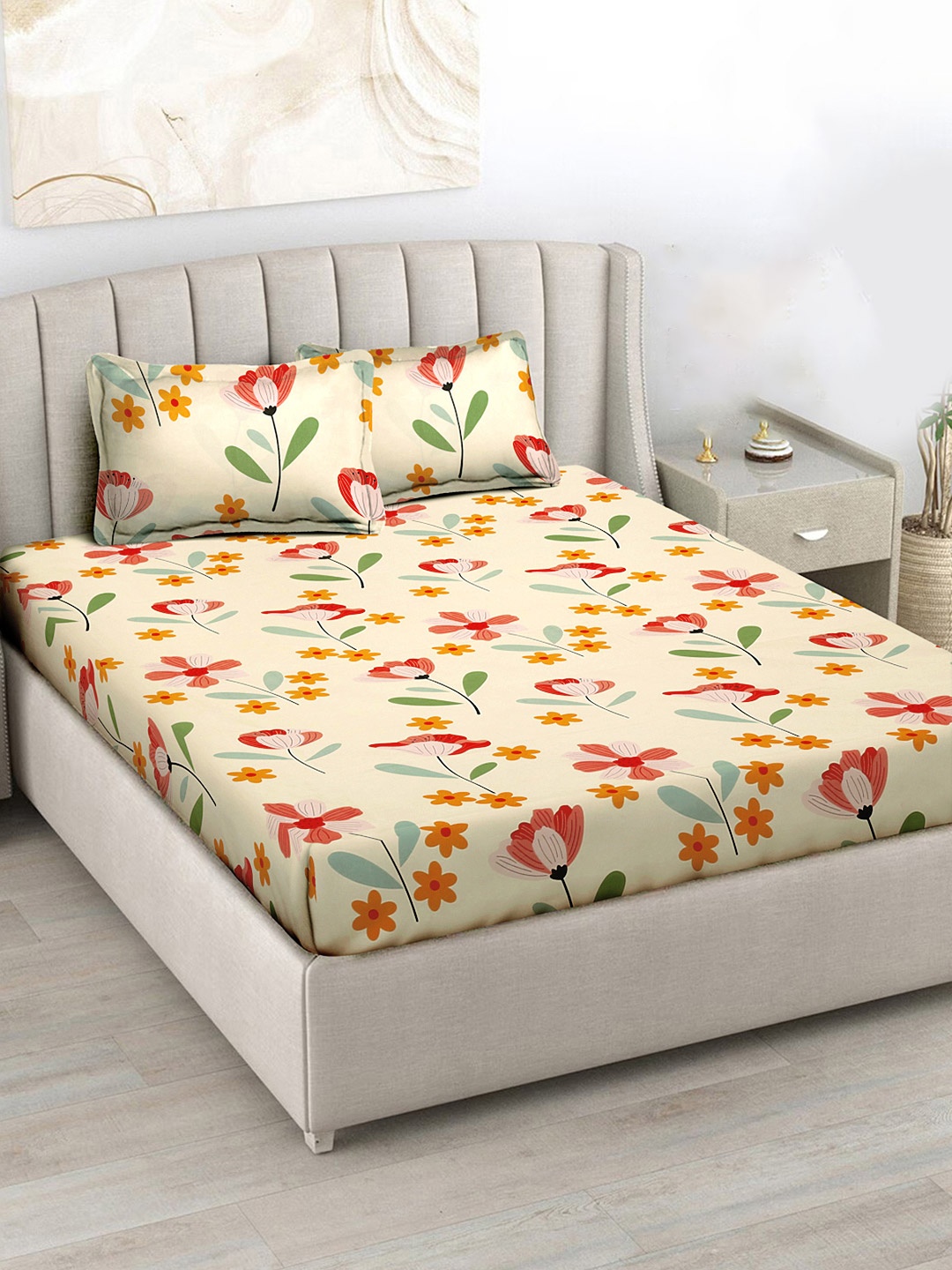 

FABINALIV Green & Red Floral 300 TC King Bedsheet with 2 Pillow Covers 2.50 m x 2.25 m