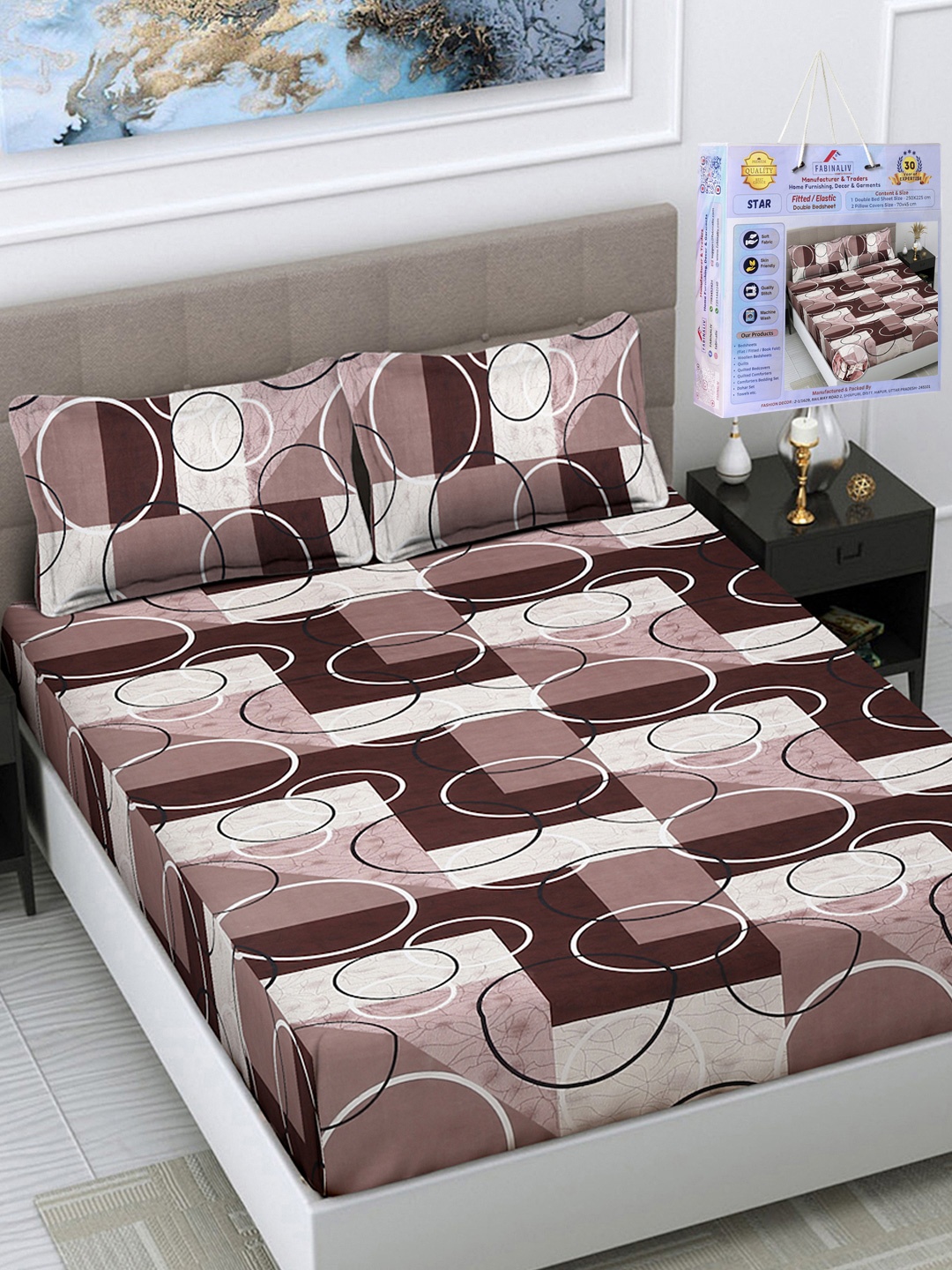 

FABINALIV Brown & Off White Geometric 300 TC King Bedsheet Set 2.50 m x 2.25 m