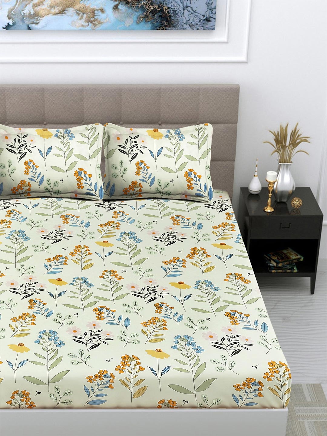 

FABINALIV Green & Blue Floral 300 TC Fitted King Bedsheet Set 2.50m X 2.25m