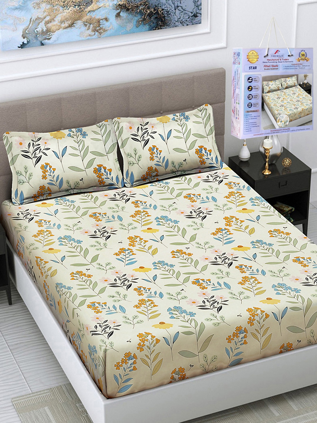 

FABINALIV Green & Blue Floral 300 TC Fitted King Bedsheet Set 2.50m X 2.25m