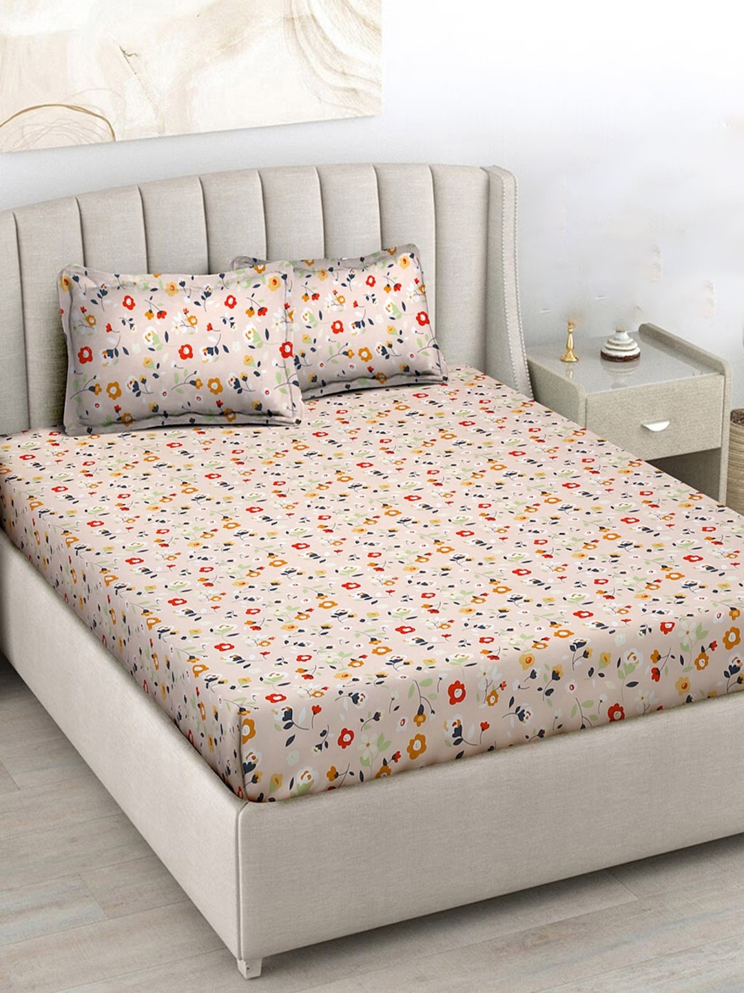 

FABINALIV Peach-Coloured Floral 300 TC Fitted King Bedsheet Set 2.50m X 2.25m