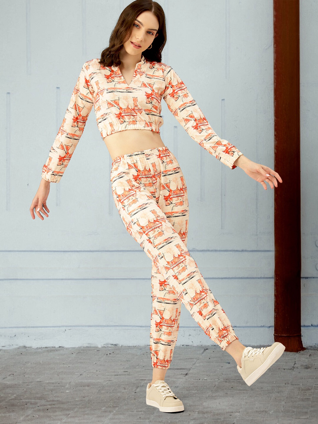 

DressBerry Printed Crop Top With Joggers Co-Ords, Beige