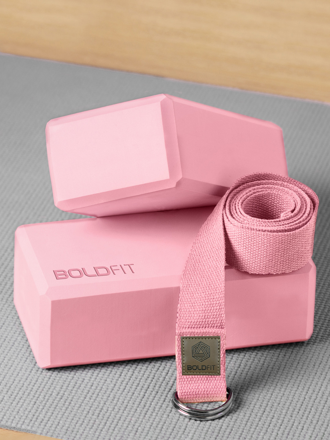 

BOLDFIT Set Of 2 Yoga Blocks With Belt, Pink