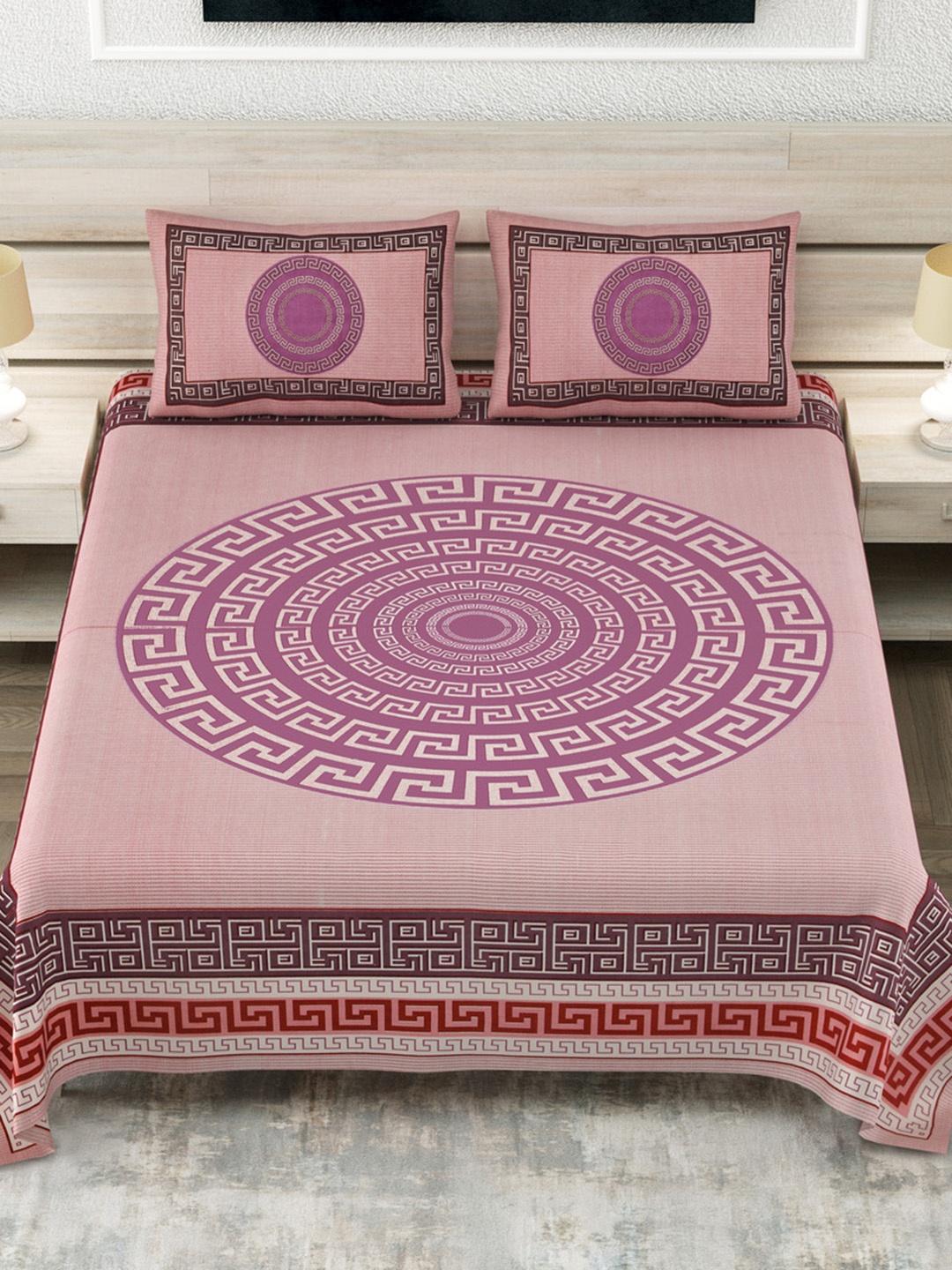 

JAIPUR FABRIC Pink & Brown Geometric 180 TC Pure Cotton King Bedsheet Set-2.54 m x 2.74 m