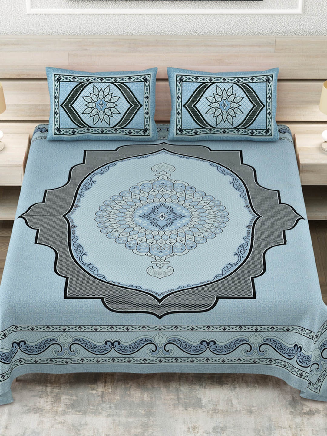 

JAIPUR FABRIC Blue & Grey Geometric 180 TC King Bedsheet with 2 Pillow Covers