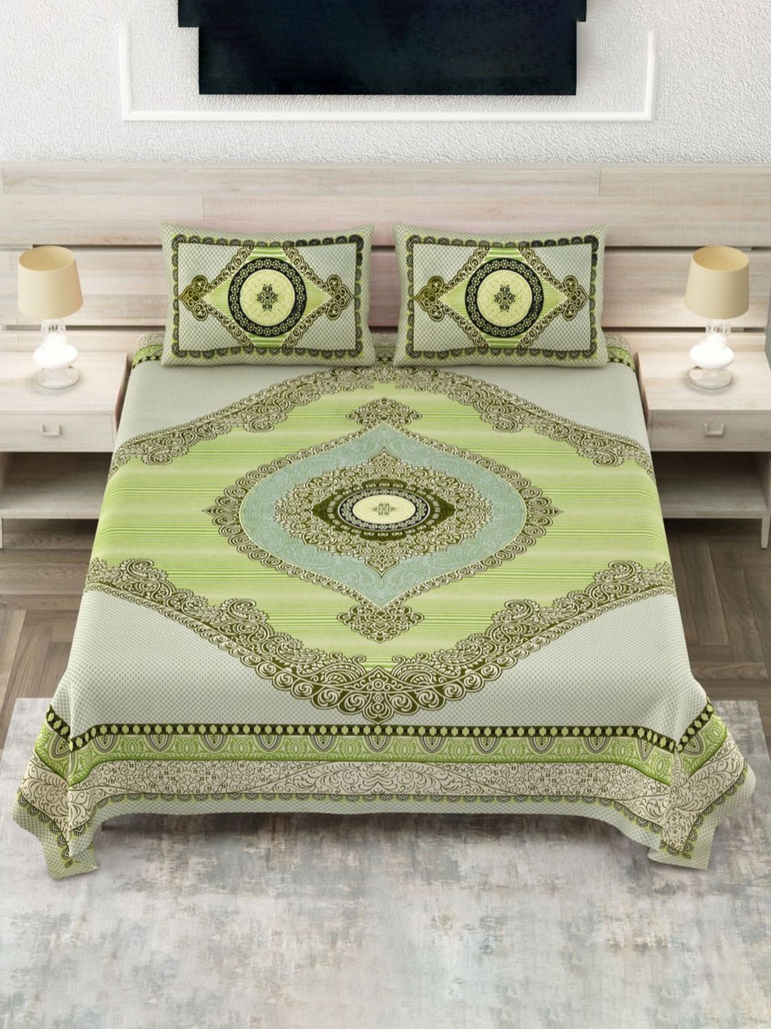 

JAIPUR FABRIC Green Ethnic Motifs 180 TC King Bedsheet with 2 Pillow Covers