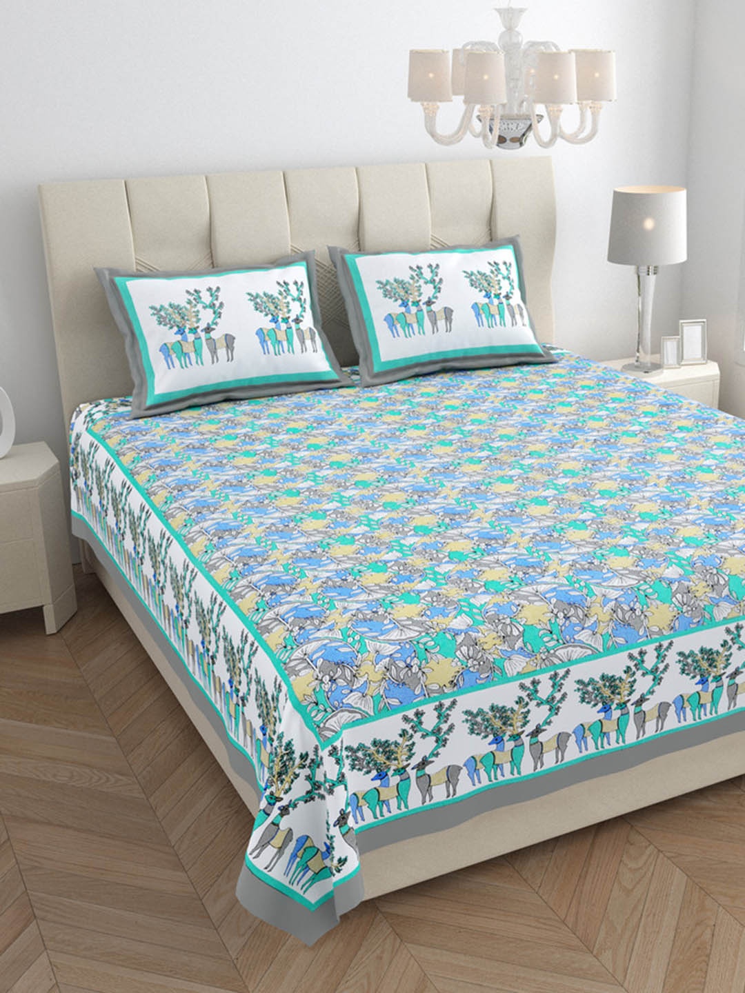 

JAIPUR FABRIC Green & White Floral King Bedsheet with 2 Pillow Covers