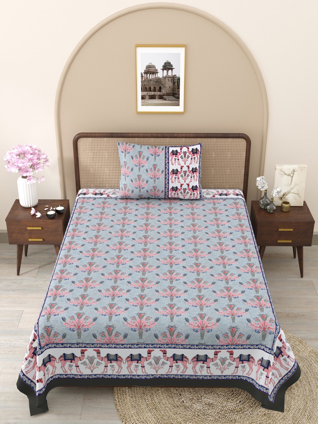 

JAIPUR FABRIC Grey & Pink Floral Single Bedsheet with 1 Pillow Covers