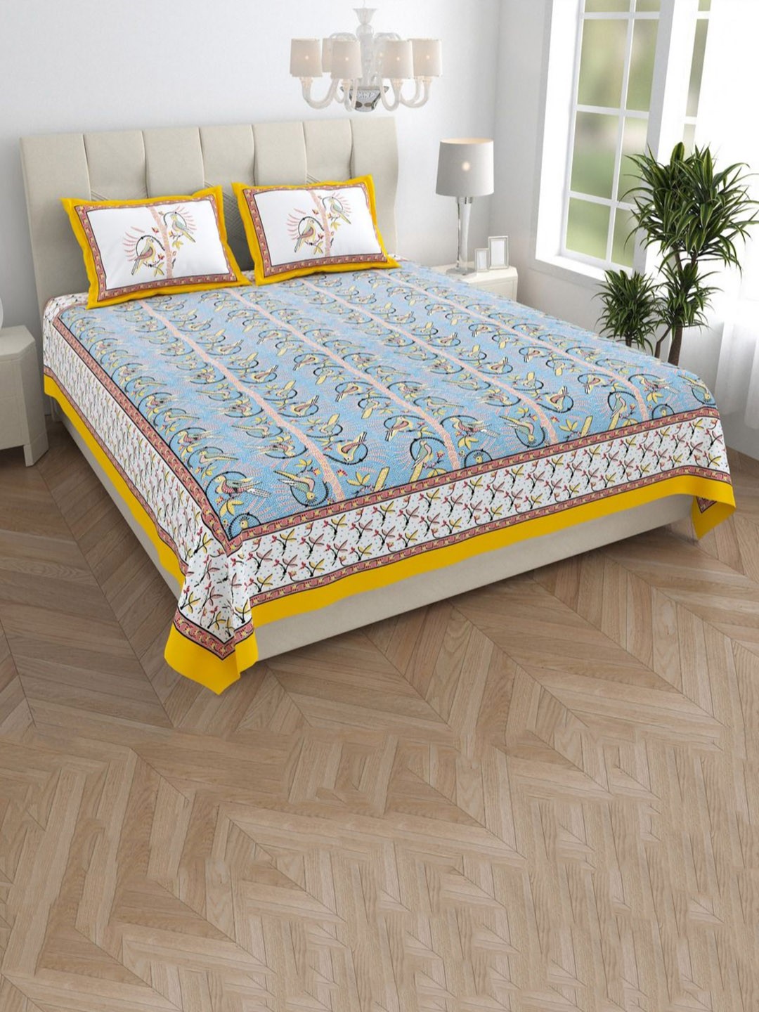 

JAIPUR FABRIC Blue & Yellow Floral King Bedsheet with 2 Pillow Covers