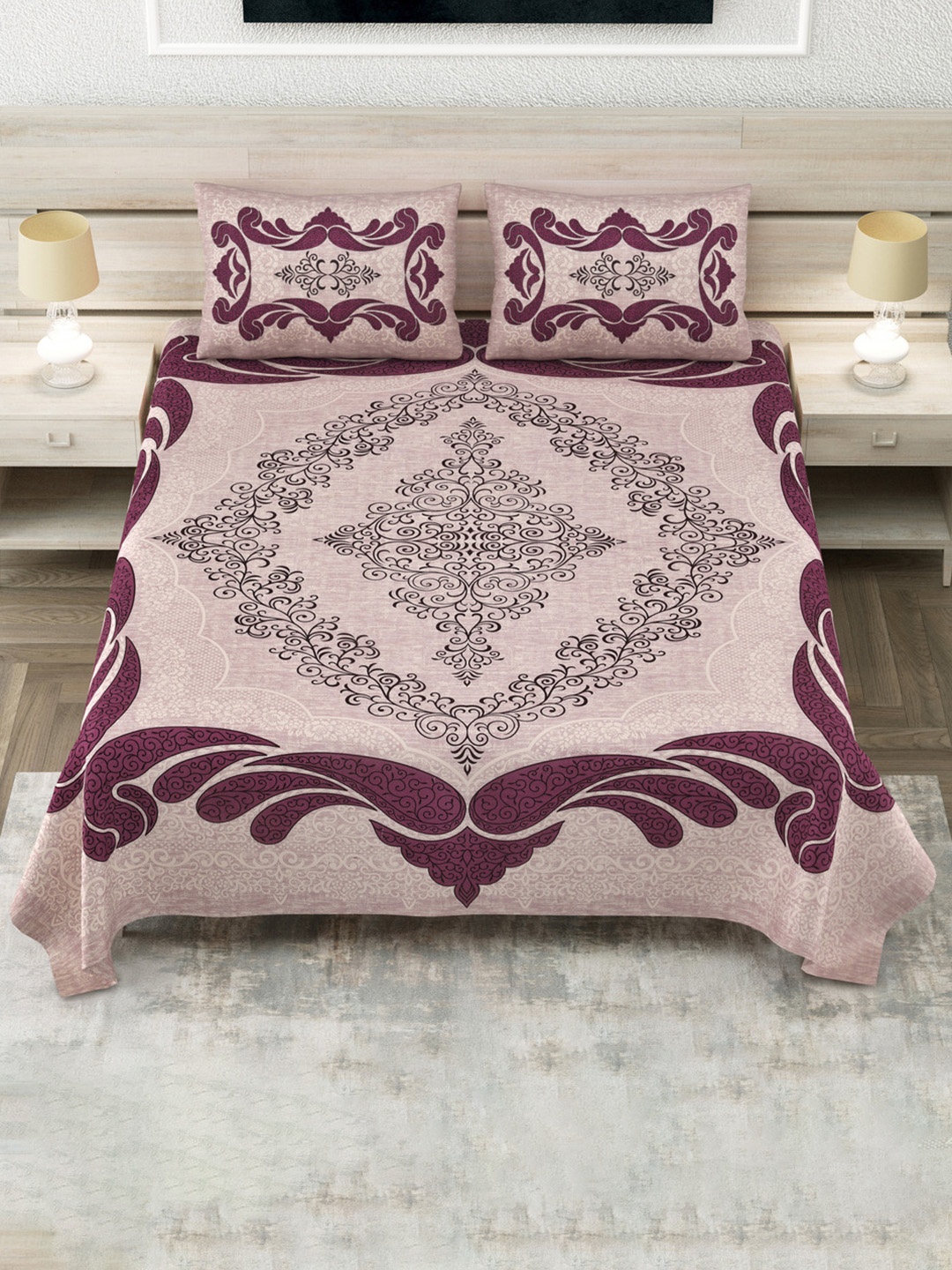 

JAIPUR FABRIC Pink & Burgundy Geometric 180 TC King Bedsheet with 2 Pillow Covers