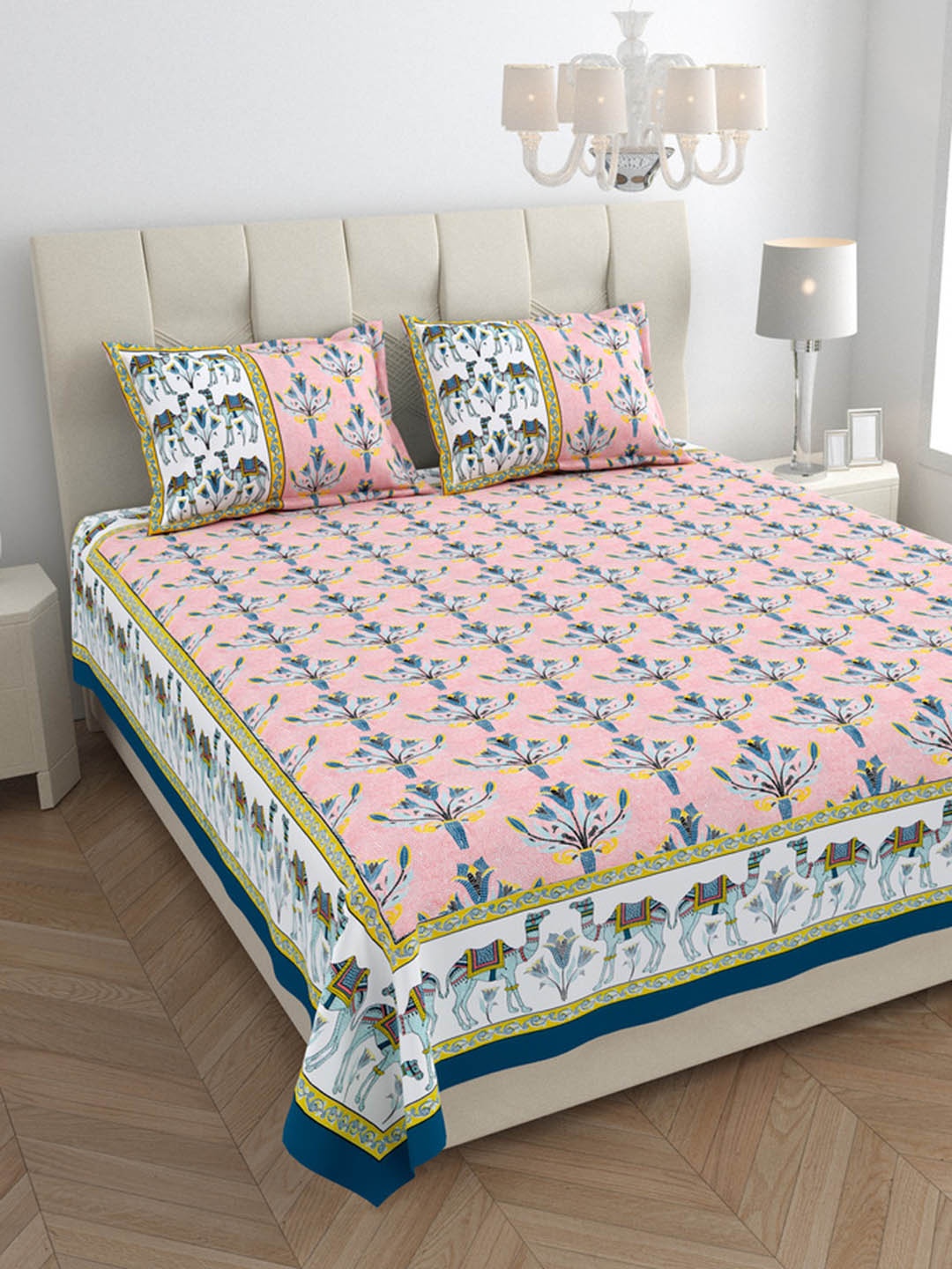 

JAIPUR FABRIC Peach-Coloured & White Floral King Bedsheet with 2 Pillow Covers