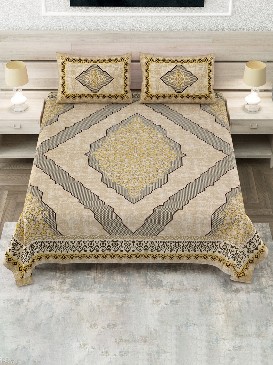 

JAIPUR FABRIC Beige & Grey Geometric 180 TC King Bedsheet with 2 Pillow Covers