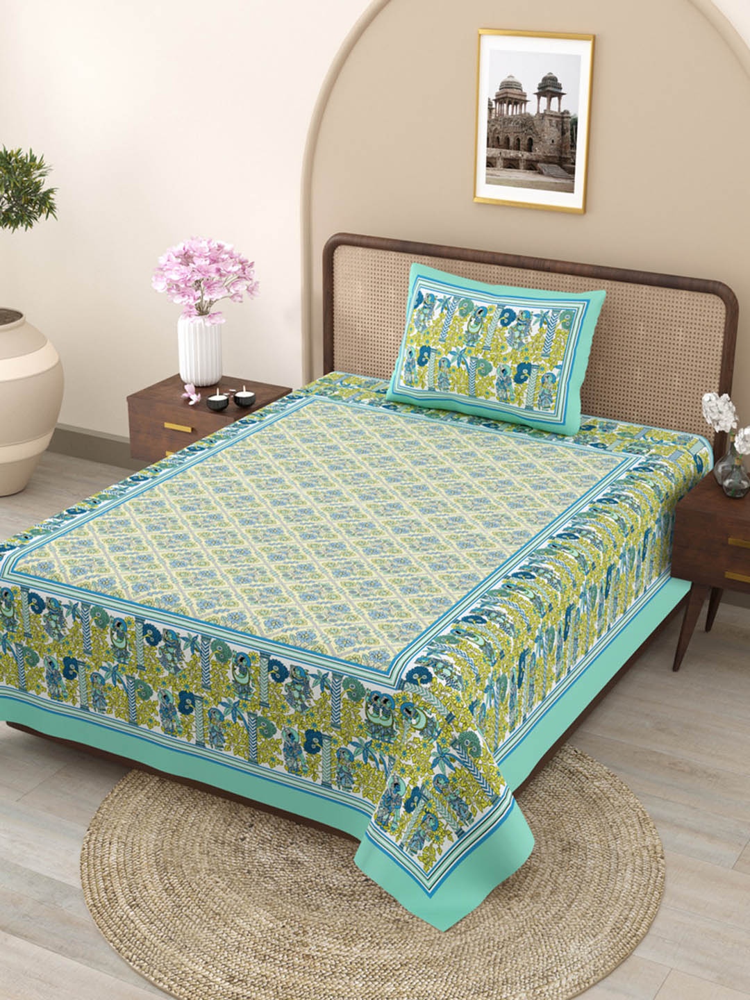 

JAIPUR FABRIC Green & Yellow Floral Single Bedsheet with 1 Pillow Covers