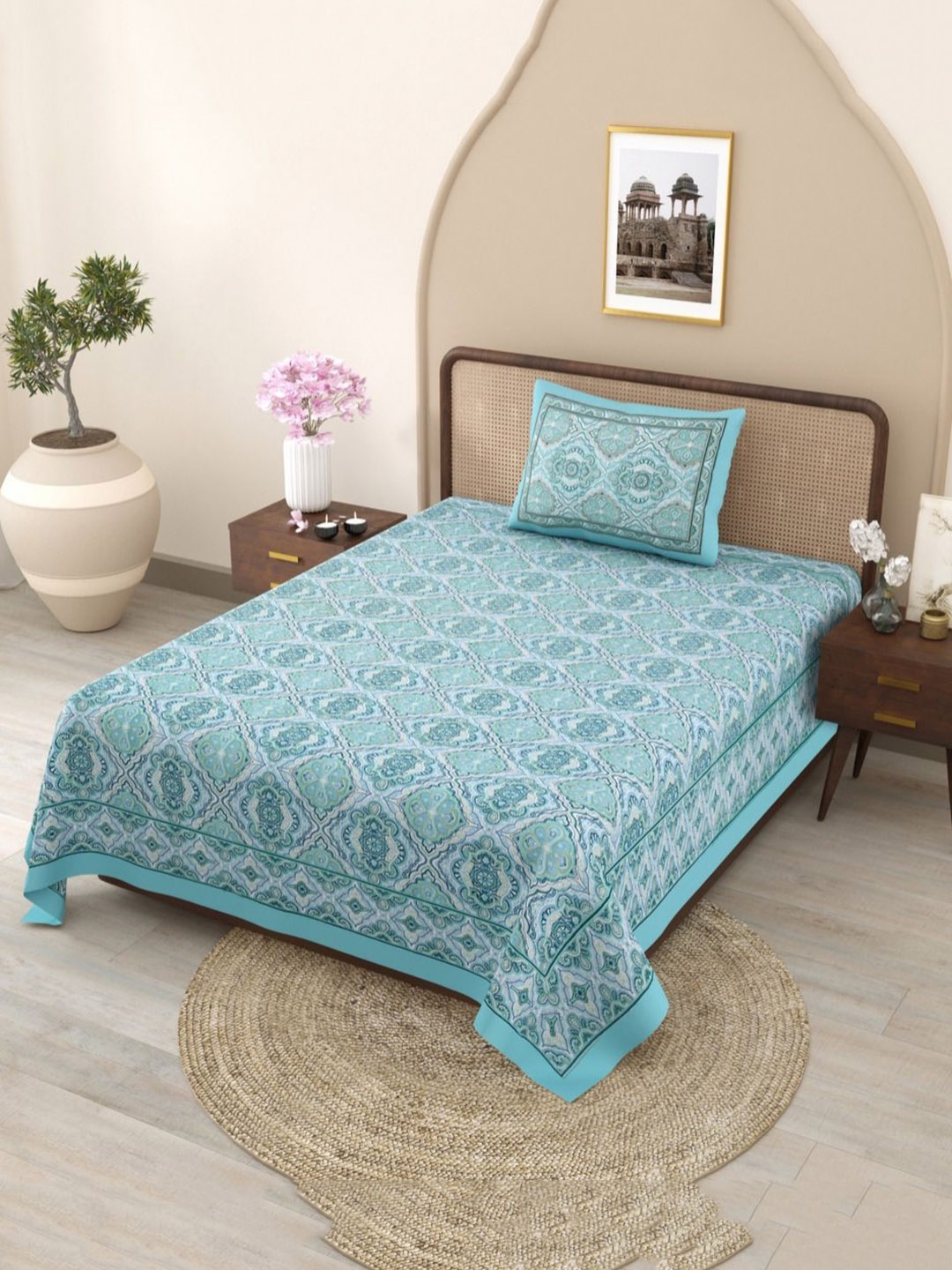 

JAIPUR FABRIC Blue & Blue Floral Single Bedsheet with 1 Pillow Covers