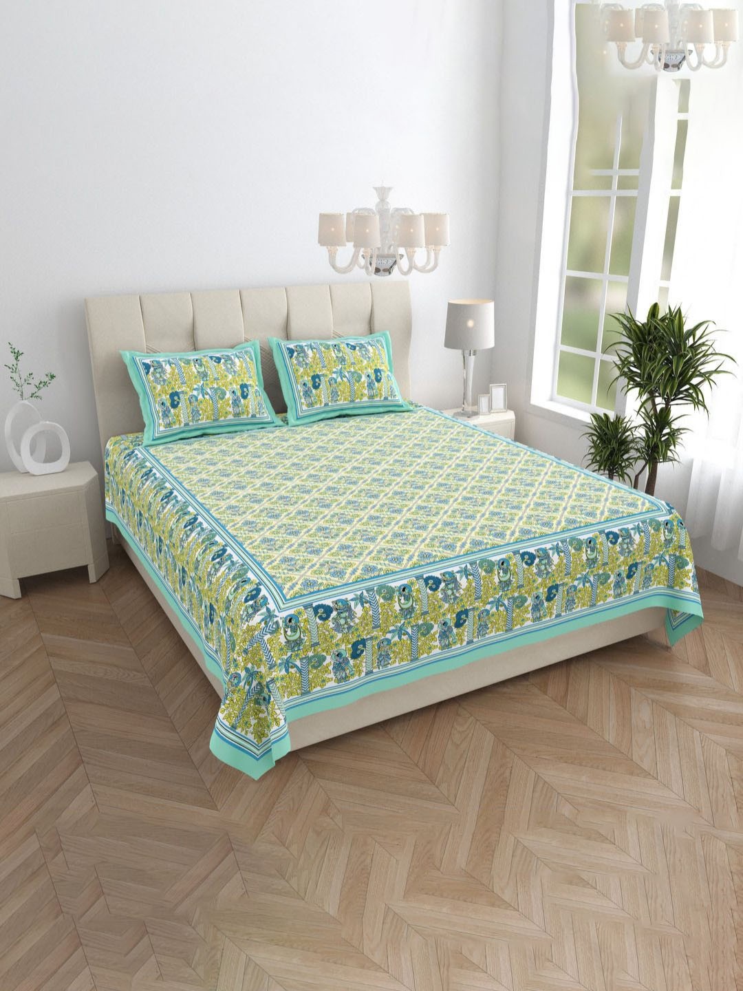 

JAIPUR FABRIC Green & Yellow Floral King Bedsheet with 2 Pillow Covers