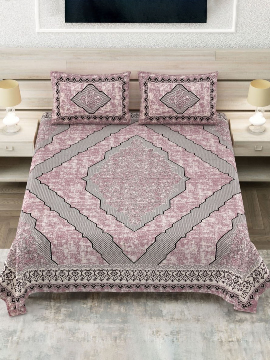 

JAIPUR FABRIC Pink & Grey Ethnic Motifs 180 TC King Bedsheet with 2 Pillow Covers