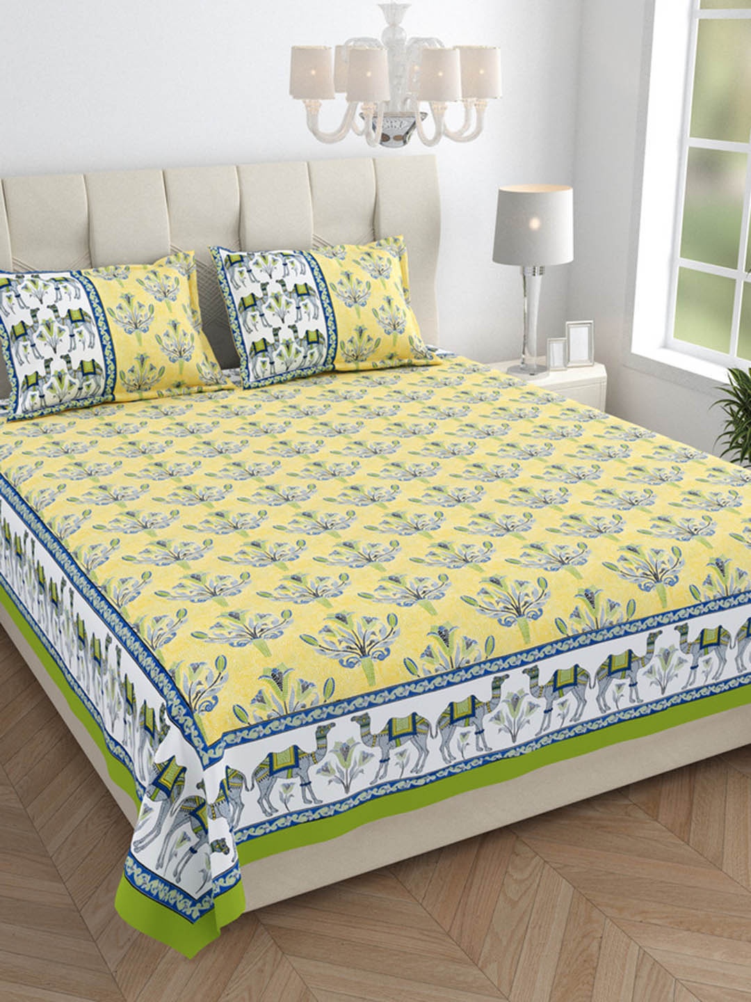 

JAIPUR FABRIC Yellow & Green Floral King Bedsheet with 2 Pillow Covers