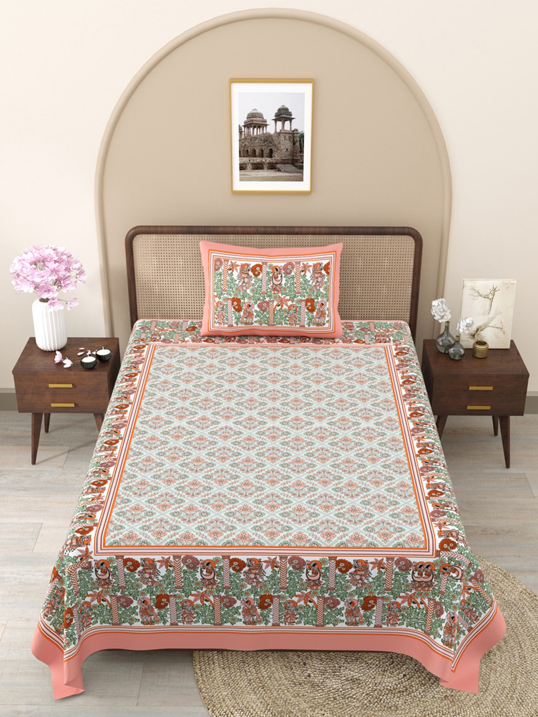 

JAIPUR FABRIC Peach-Coloured & Green Floral Single Bedsheet with 1 Pillow Covers