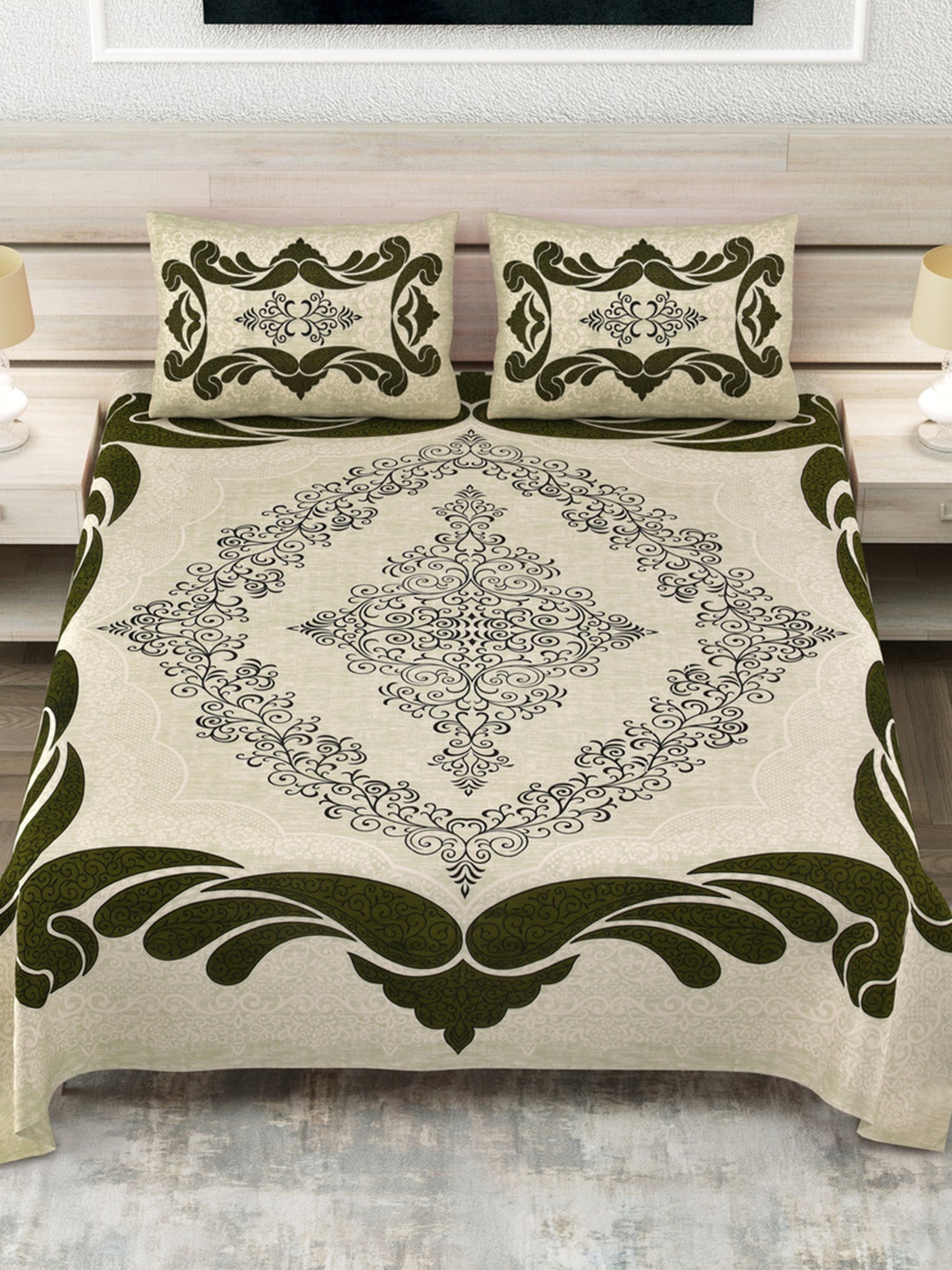 

JAIPUR FABRIC Beige & Olive Green Ethnic Motifs 180 TC King Bedsheet with 2 Pillow Covers