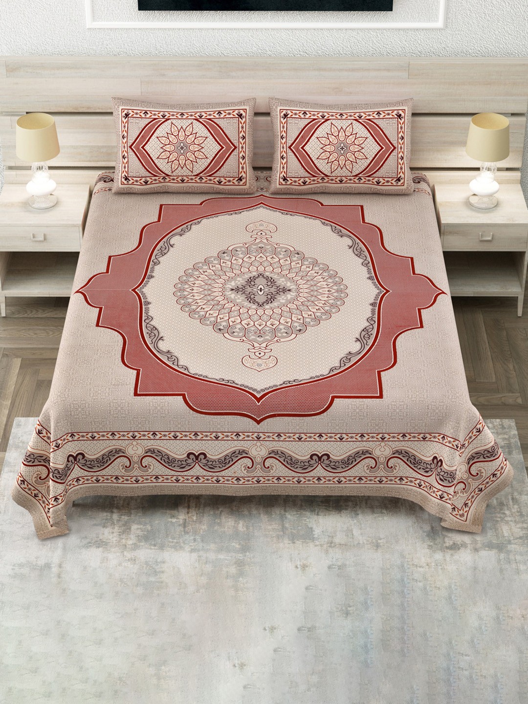 

JAIPUR FABRIC Peach-Coloured & Grey Geometric 180 TC King Bedsheet with 2 Pillow Covers