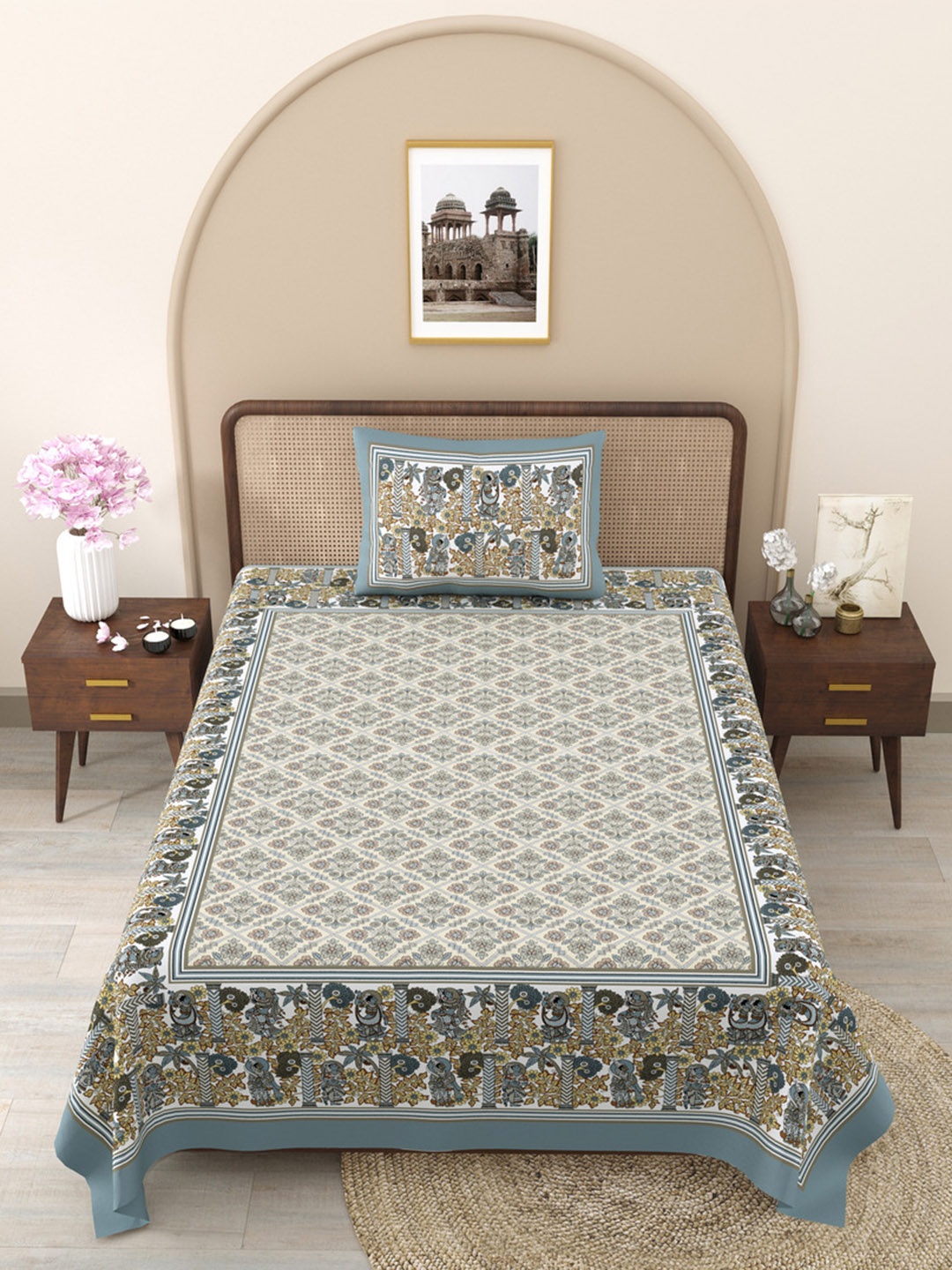 

JAIPUR FABRIC Pattachitra Grey 240 TC Pure Cotton Single Bedsheet Set-2.28 m m x 1.52 m