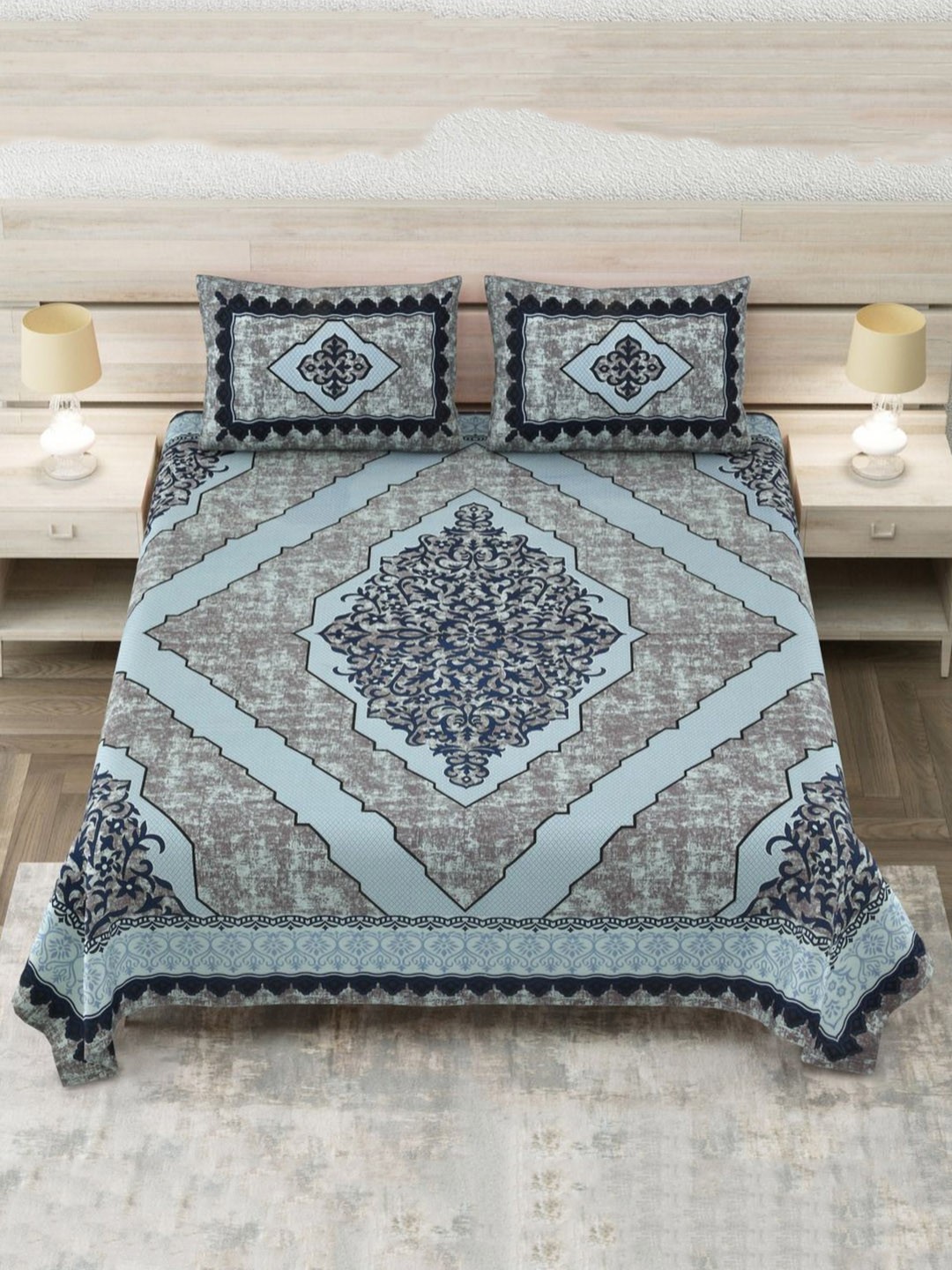 

JAIPUR FABRIC Teal & Grey Ethnic Motifs 180 TC King Bedsheet with 2 Pillow Covers