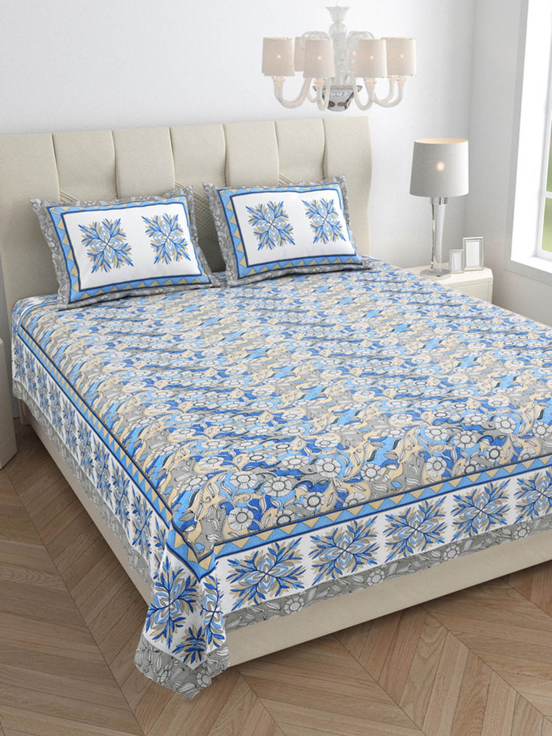 

JAIPUR FABRIC Grey & Blue Floral King Bedsheet with 2 Pillow Covers