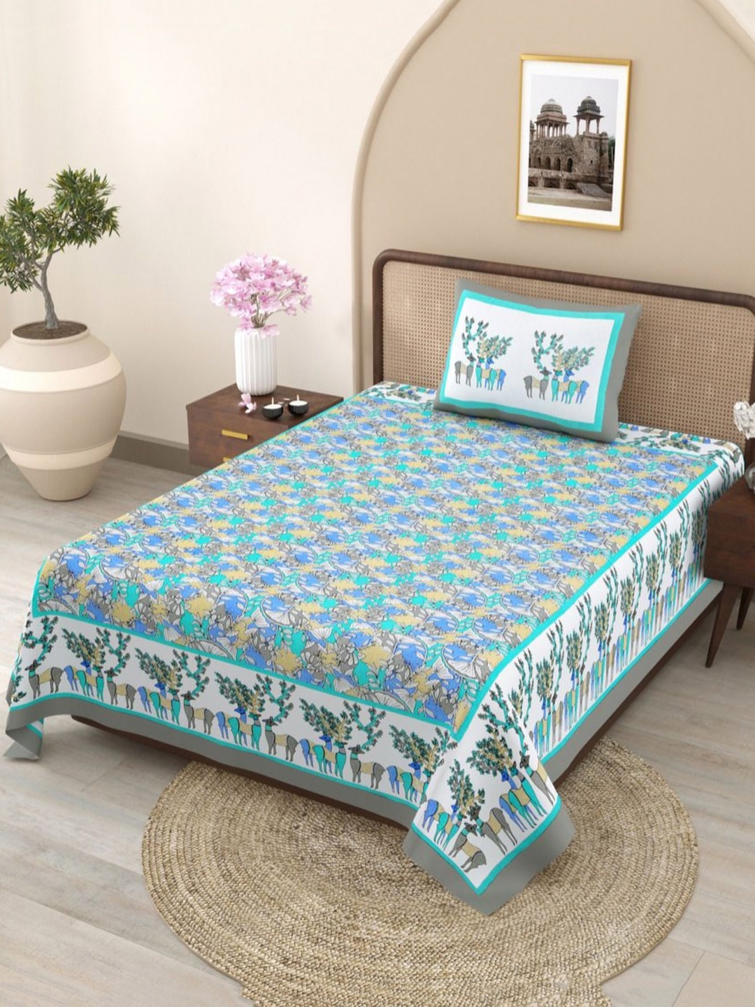 

JAIPUR FABRIC Blue & White Floral Single Bedsheet with 1 Pillow Covers