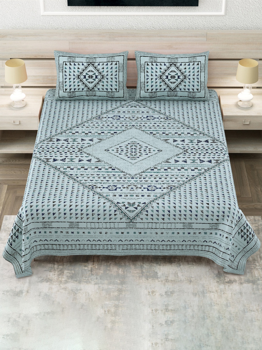 

JAIPUR FABRIC Blue & Grey Geometric 180 TC King Bedsheet with 2 Pillow Covers