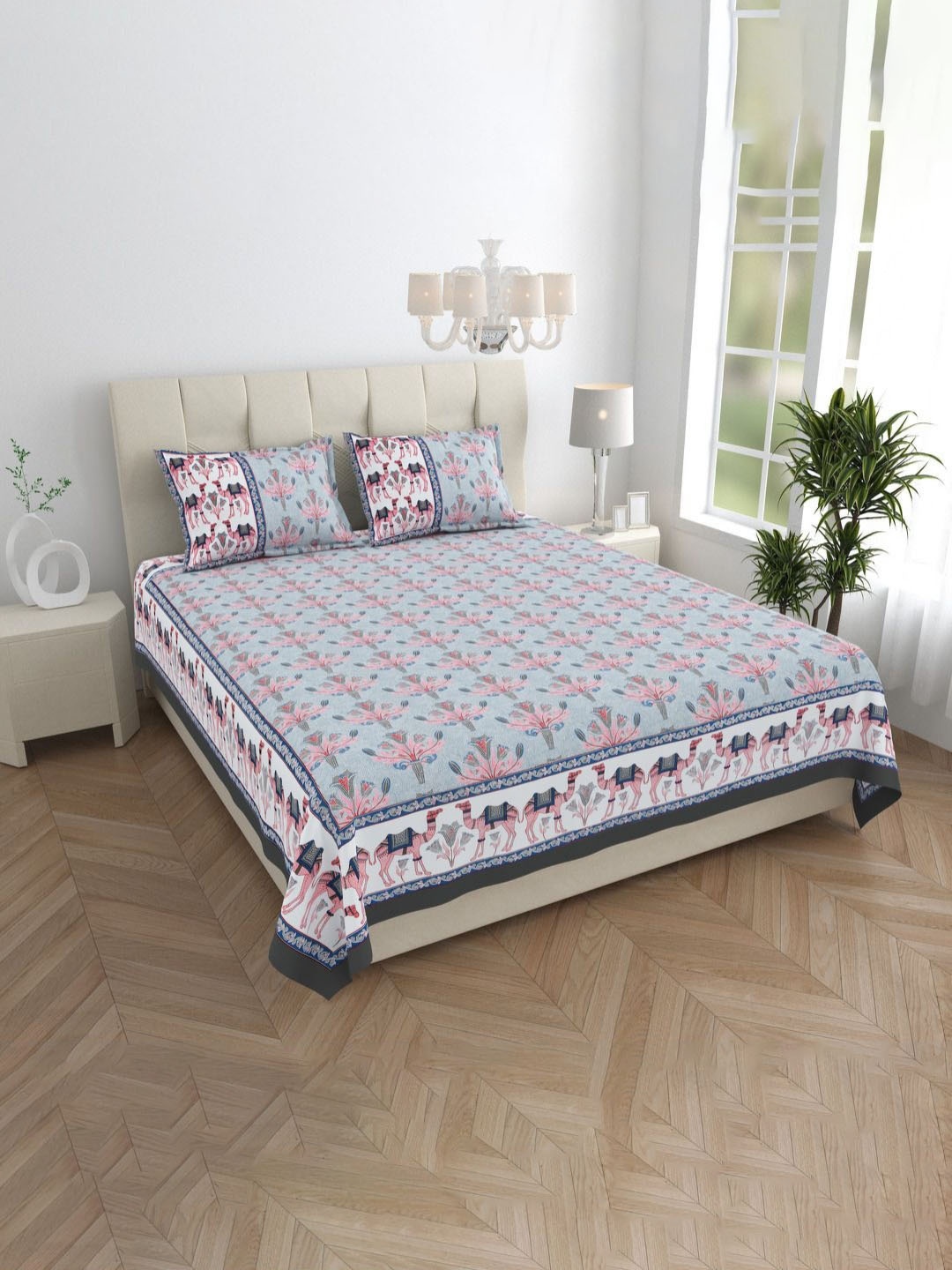 

JAIPUR FABRIC Blue & White Floral King Bedsheet with 2 Pillow Covers