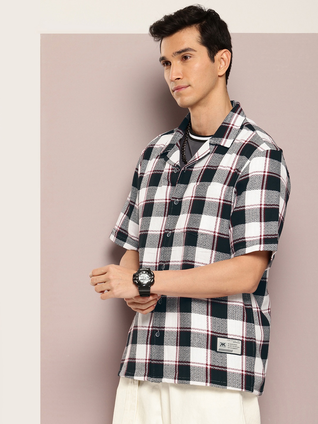 

Kook N Keech Premium Tartan Checked Pure Cotton Oversized Casual Shirt, Black