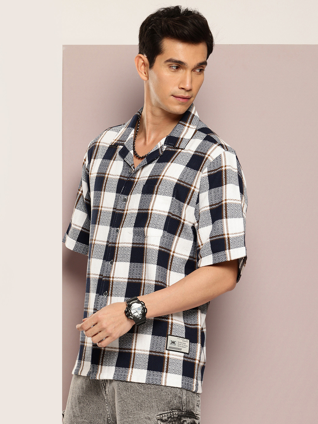 

Kook N Keech Premium Tartan Checked Pure Cotton Oversized Casual Shirt, Navy blue