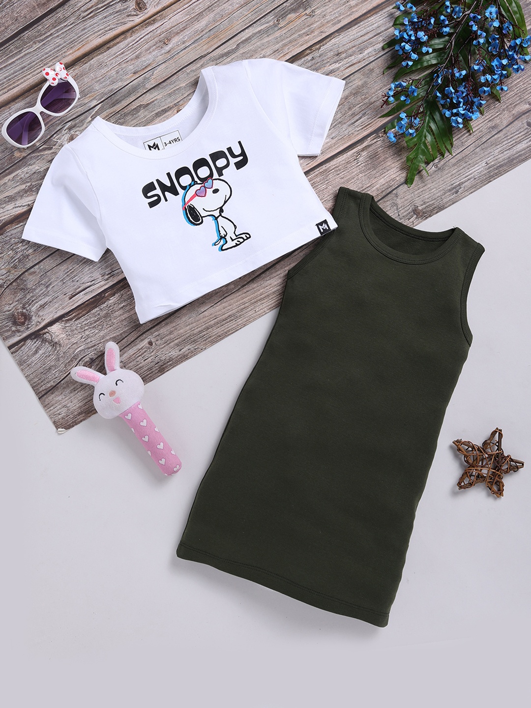 

YK X Minute Mirth Girls Pure Cotton Sheath Dress with Snoopy Printed Crop Top, Green