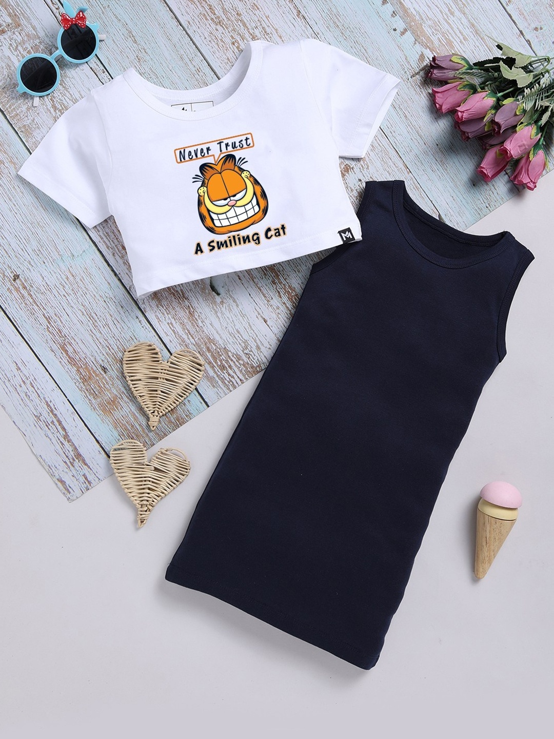 

YK X Minute Mirth Girls Pure Cotton Sheath Dress with Garfield Printed Crop Top, Navy blue