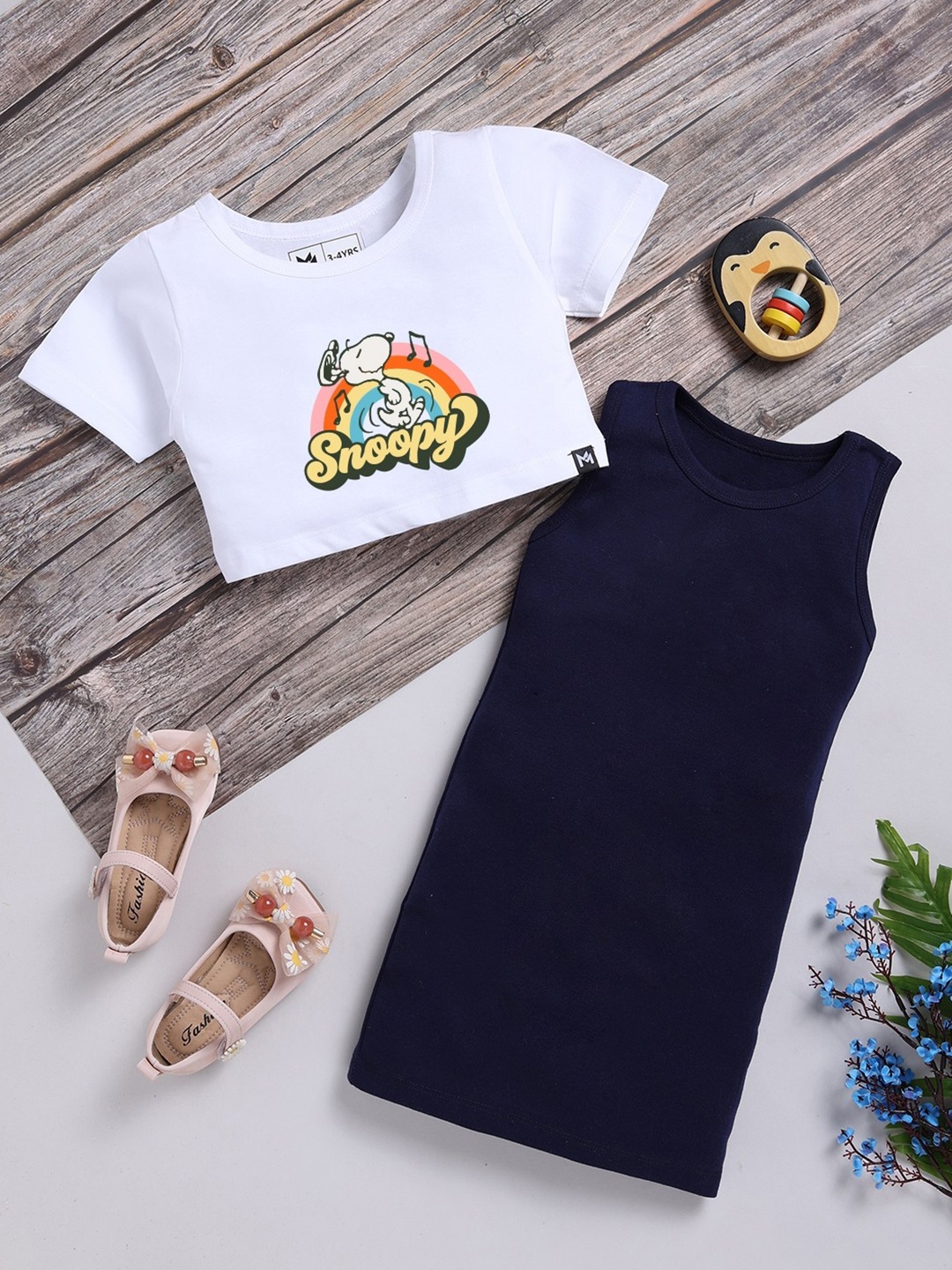 

YK X Minute Mirth Girls Pure Cotton Sheath Dress with Snoopy Printed Crop Top, Navy blue