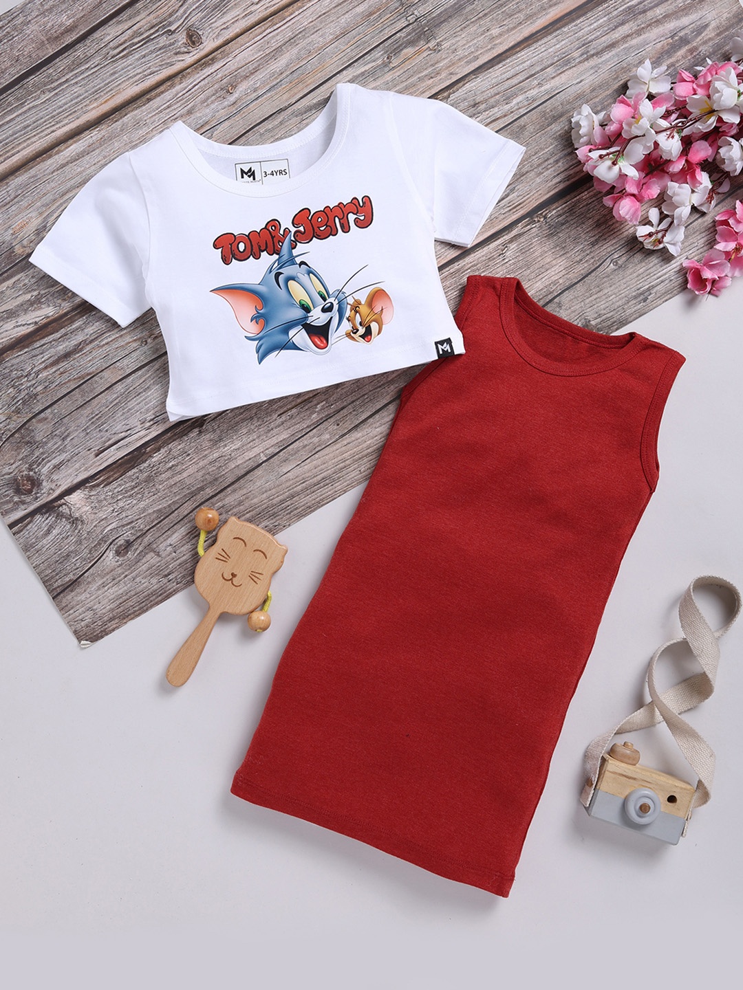 

YK X Minute Mirth Girls Pure Cotton Sheath Dress with Tom & Jerry Printed Crop Top, Red