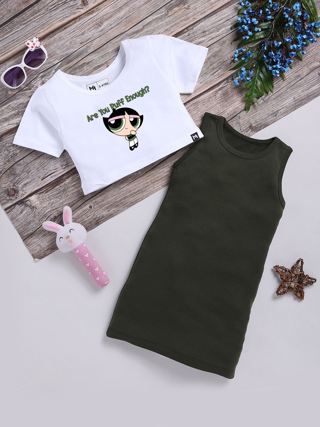 

YK X Minute Mirth Girls Pure Cotton Sheath Dress with Powerpuff Girls Printed Crop Top, Green