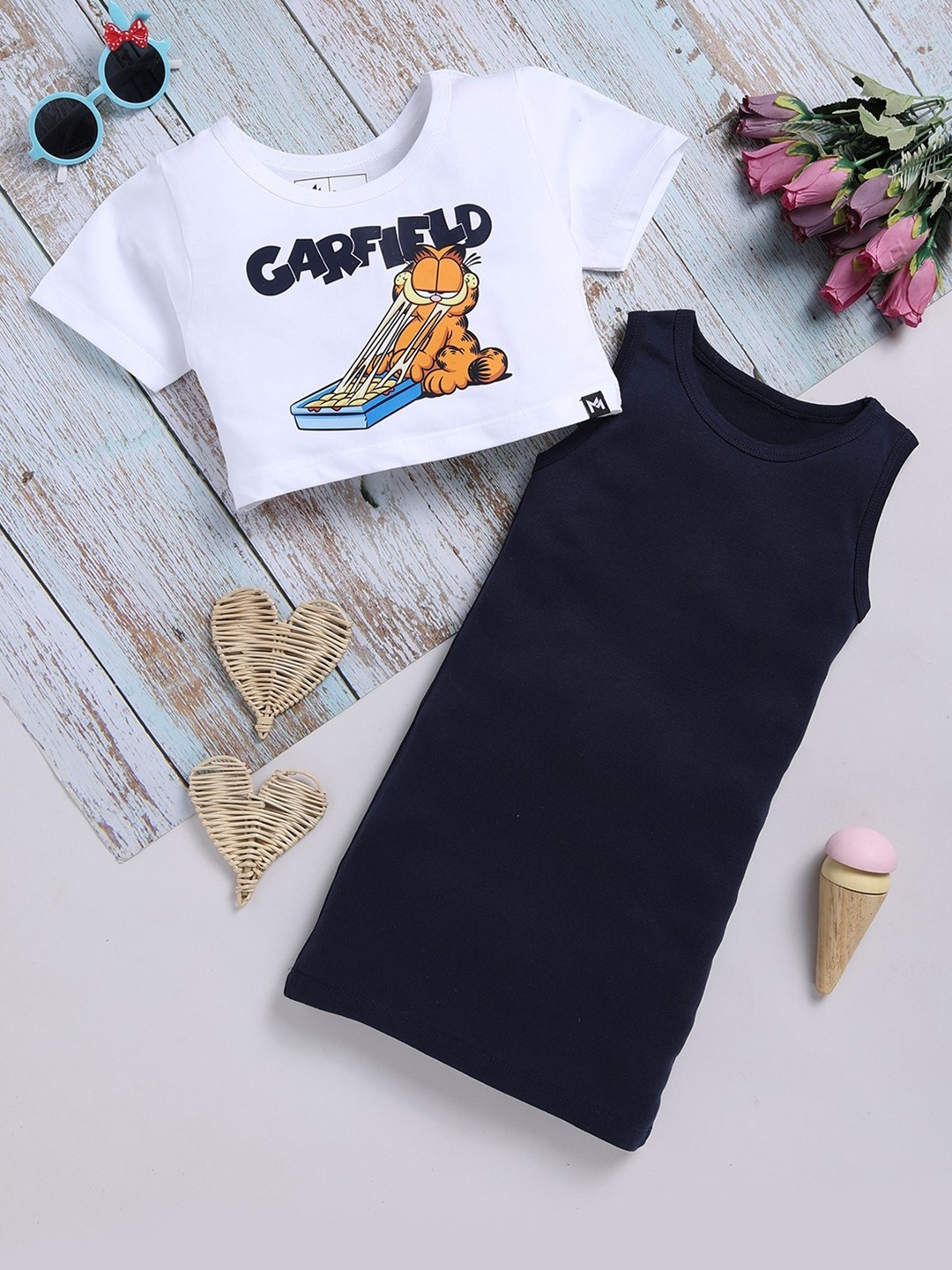 

YK X Minute Mirth Girls Pure Cotton Sheath Dress with Garfield Printed Crop Top, Navy blue