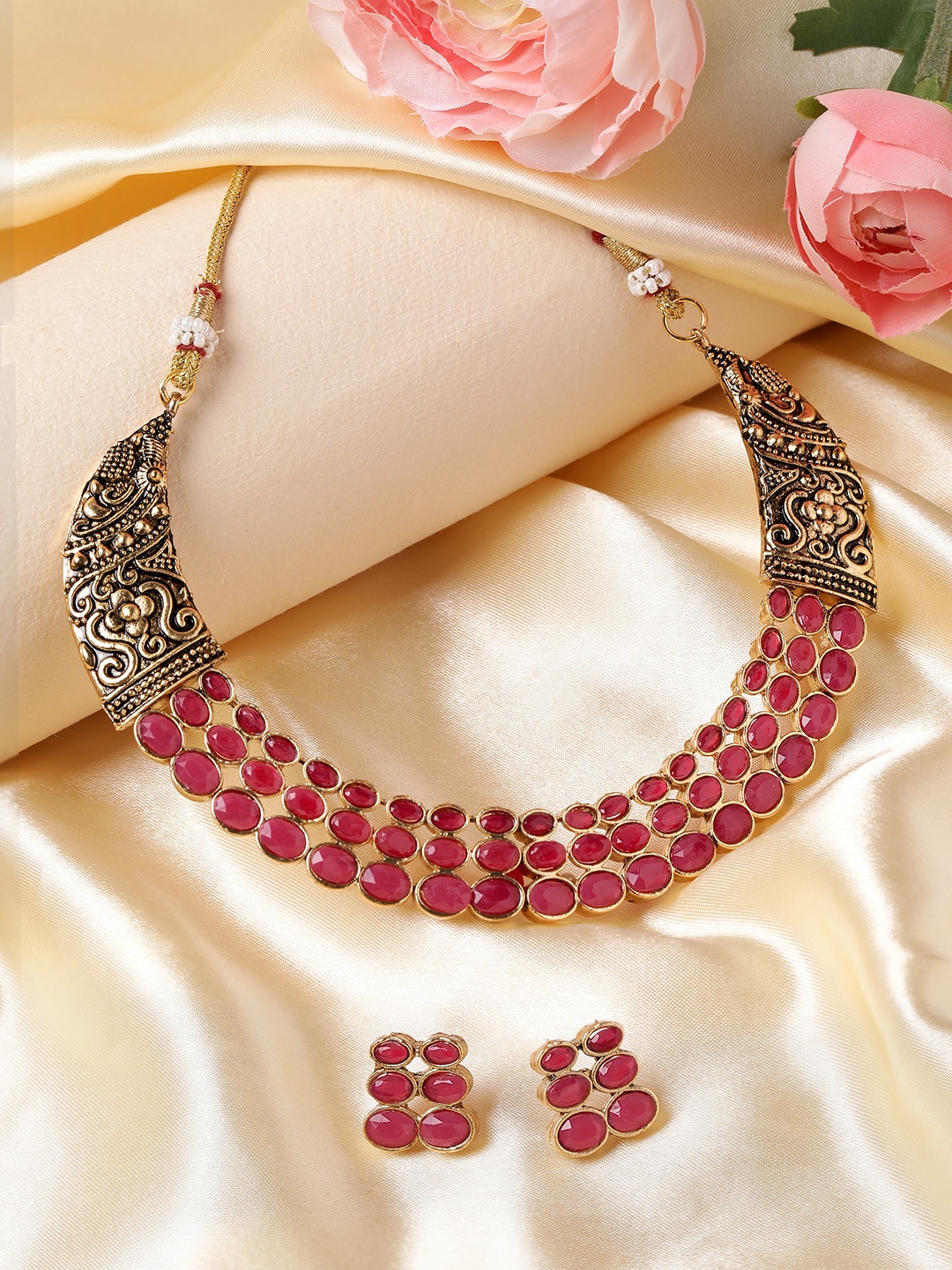 

MANSIYAORANGE Gold-Plated German Silver Oxidised Kempu Stone Jewellery Set, Red