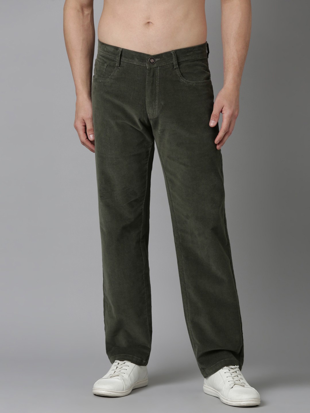 

NEVER NEUD Men Relaxed Straight Fit Corduroy Trousers, Olive