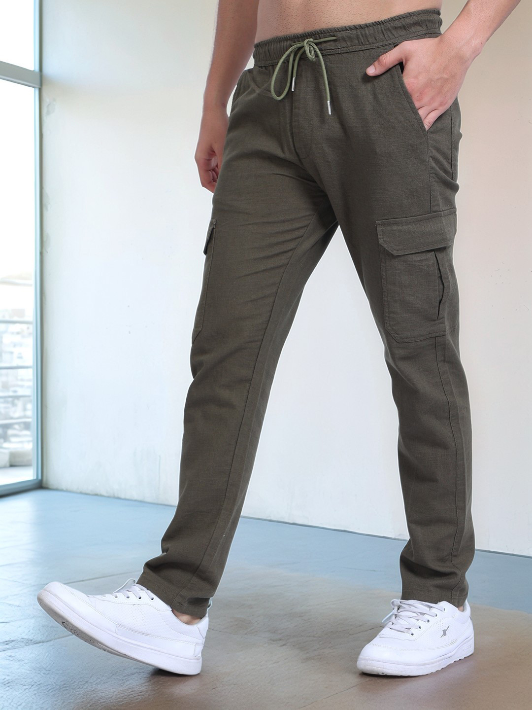 

NEVER NEUD Men Relaxed Lazy Linen Pants, Olive