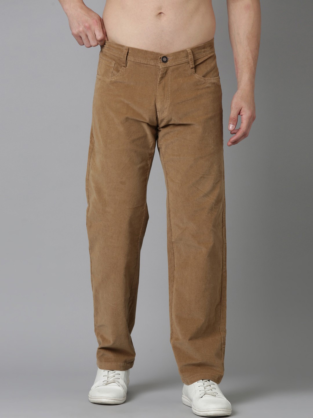 

NEVER NEUD Men Relaxed Straight Fit Corduroy Trousers, Tan