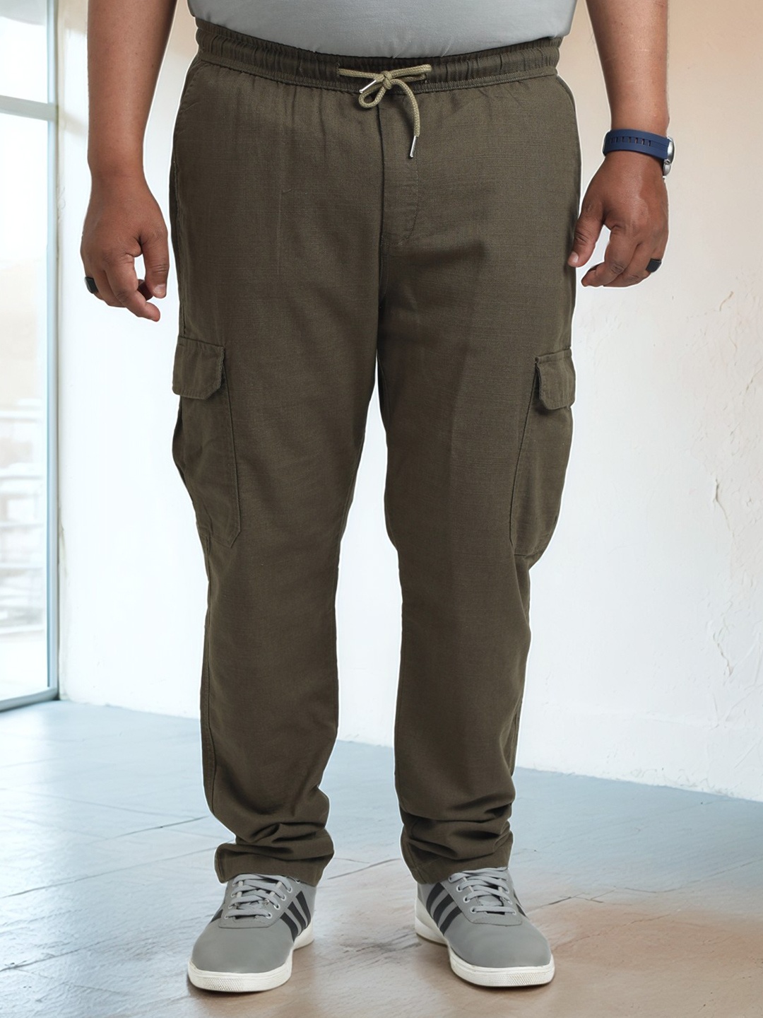

NEVER NEUD Men Plus Size Relaxed Lazy Linen Cargos Trousers, Olive