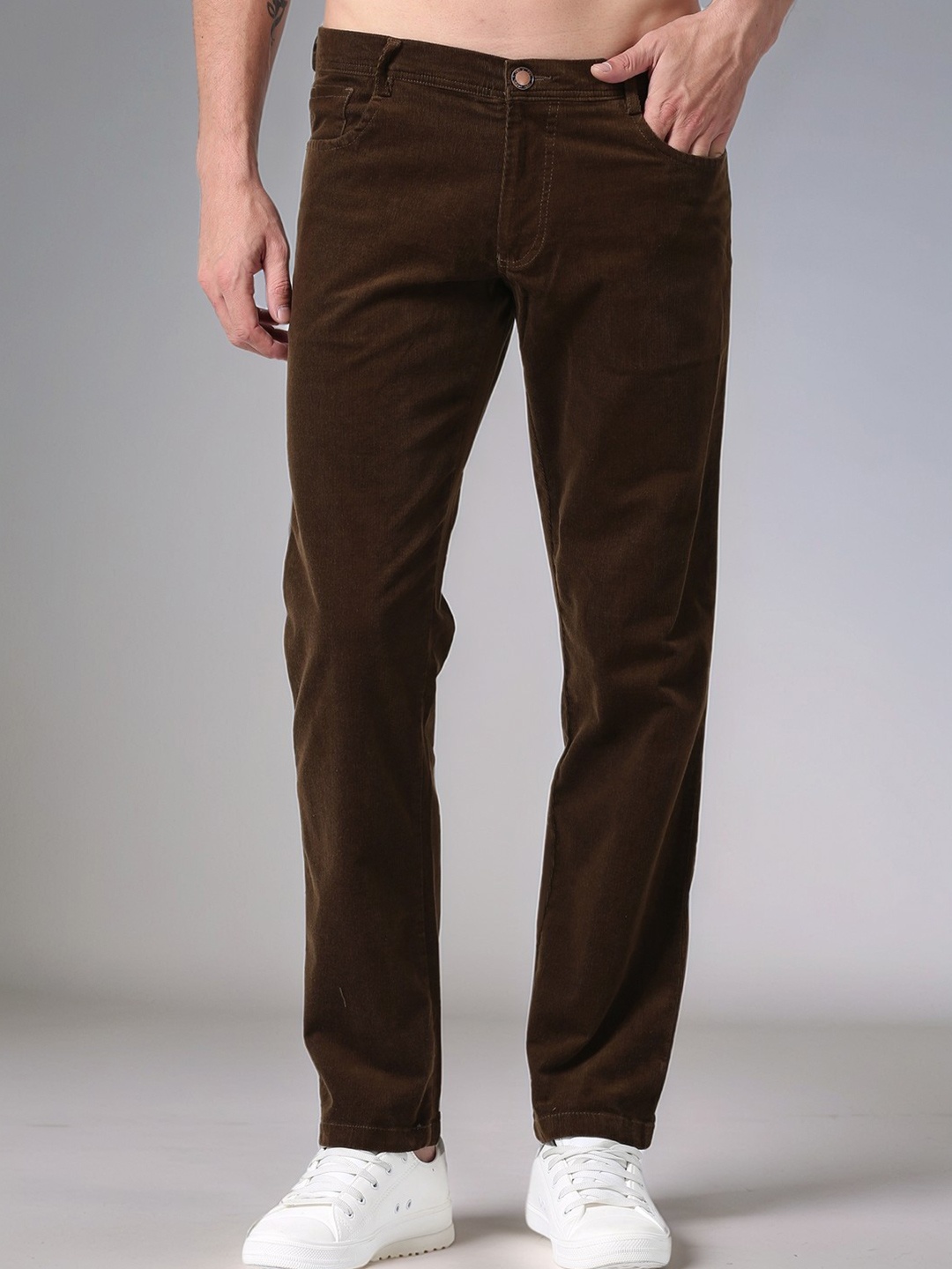 

NEVER NEUD Men Relaxed Straight Fit Corduroy Trousers, Brown