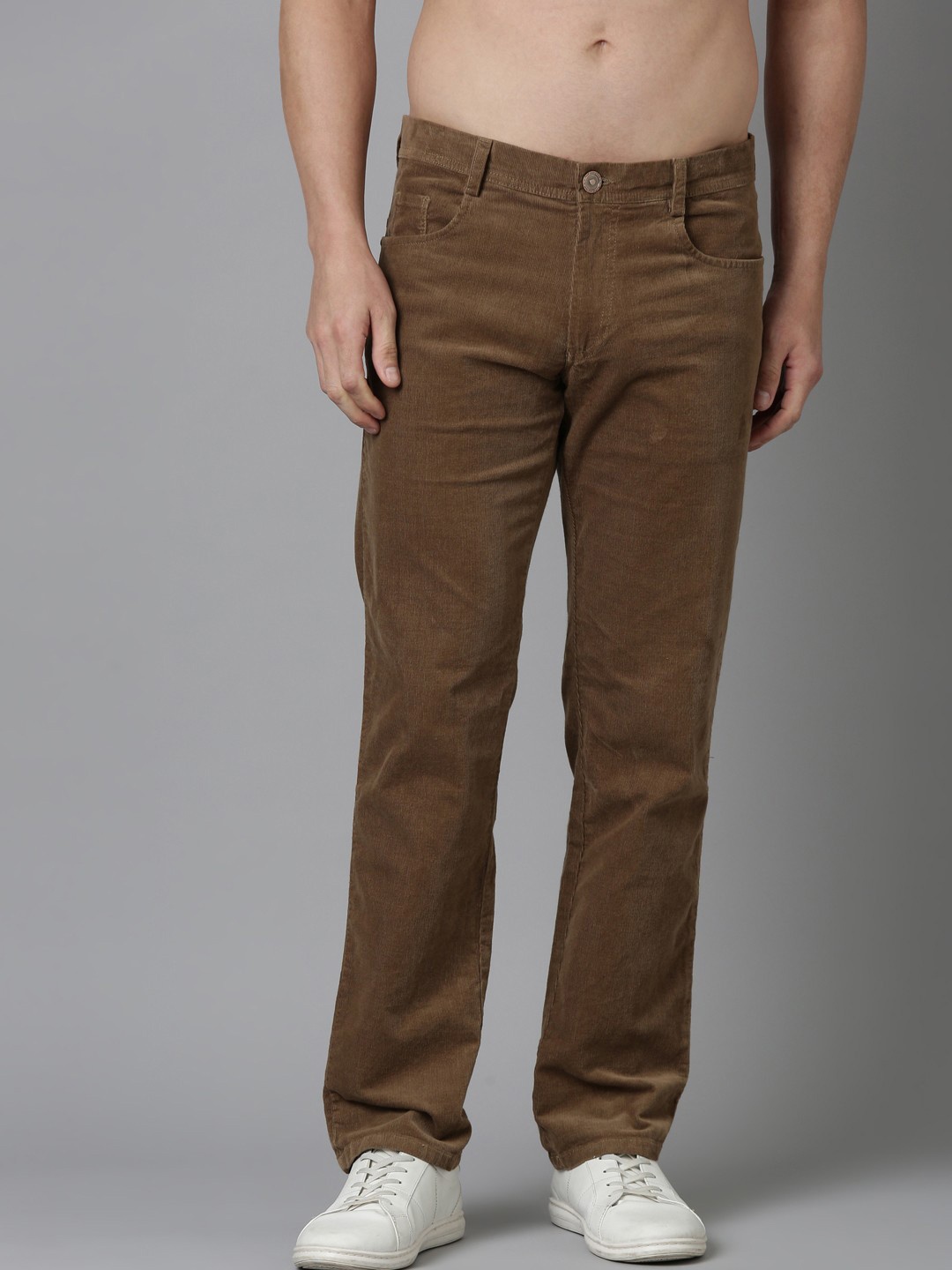NEVER NEUD Men Relaxed Straight Fit Corduroy Trousers, Khaki