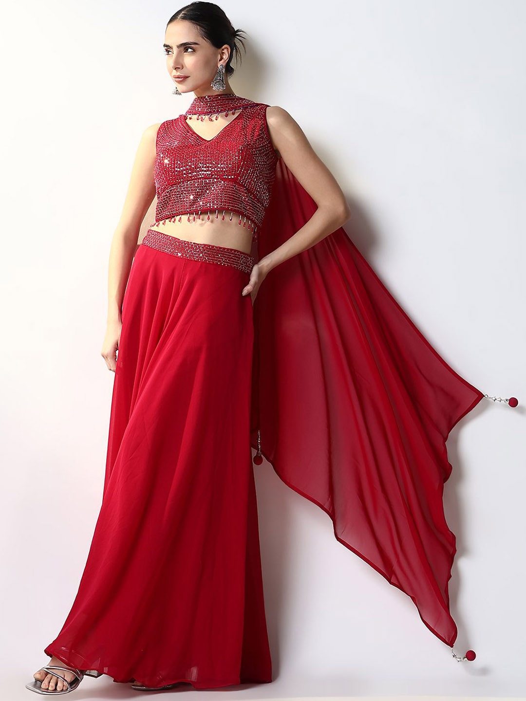 

SHOWOFF Embellished V Neck Top & Palazzos With Dupatta, Pink