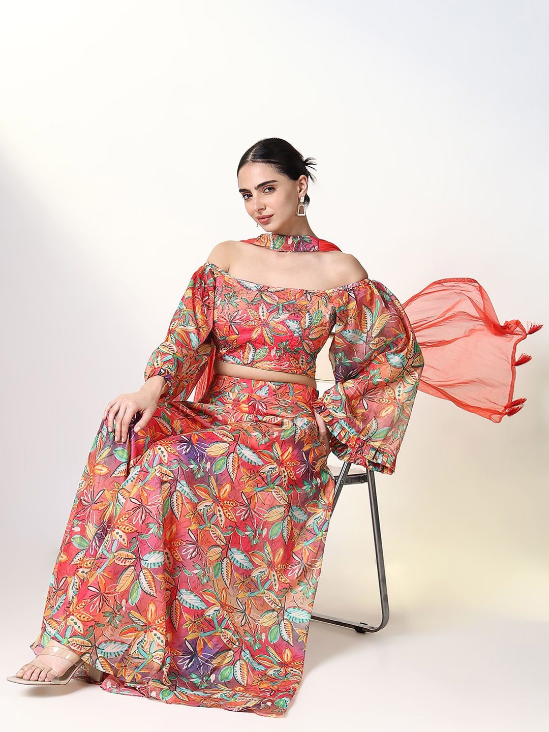 

SHOWOFF Women Floral Printed Regular Beads and Stones Top with Palazzos & With Dupatta, Red