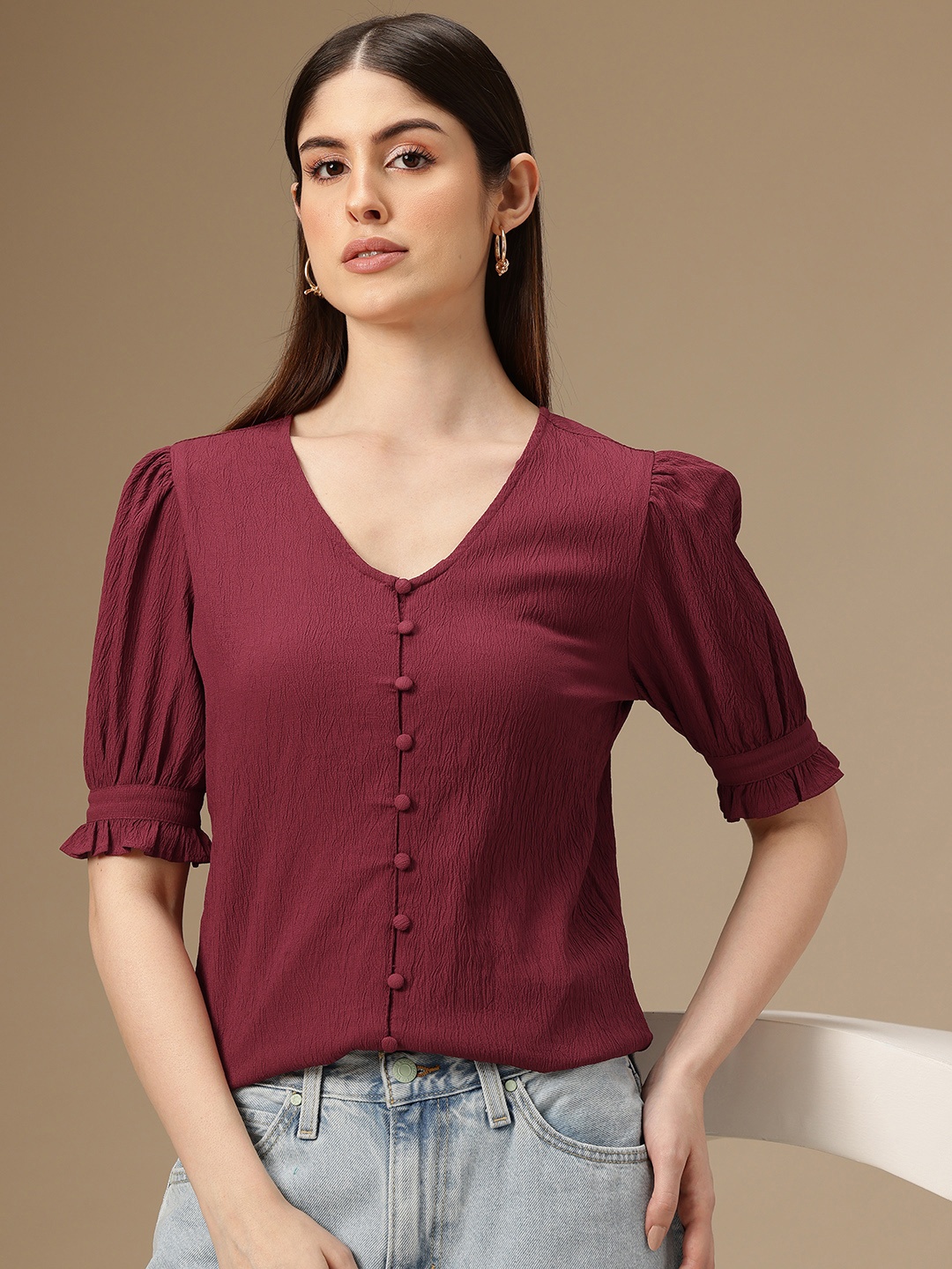 

Chemistry Puff Sleeves Crepe Shirt Style Top, Maroon